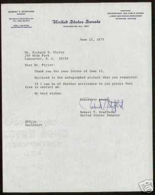 Robert T. Stafford signed letter United States Senate