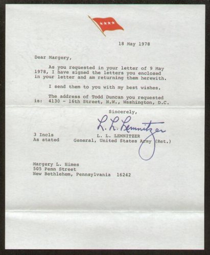 General Lyman Lemnitzer signed autographed letter WWII