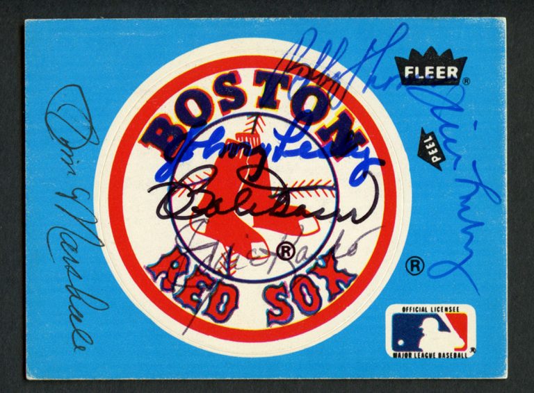 Fleer Red Sox Sticker signed by 6 incudes Doerr, Thomson, Pesky, Lonborg, Kasko