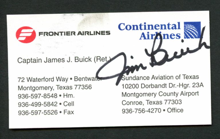 Jim Buick signed autograph Fontier & Continental Airlines Business Card BC429