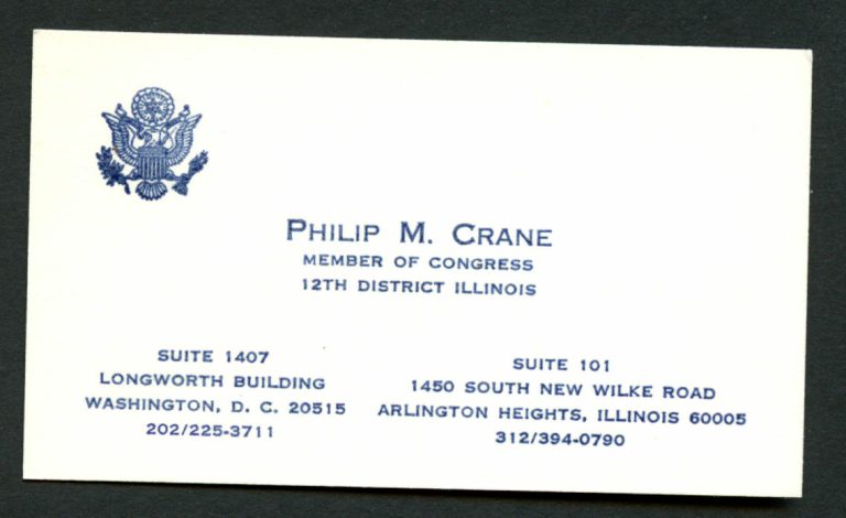Philip M. Crane (d 2014) signed autograph Member of Congress Business Card BC563