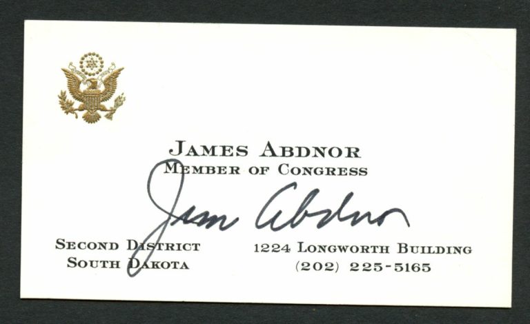 James Abdnor (d 2012) signed autograph SD Member of Congress Business Card BC554