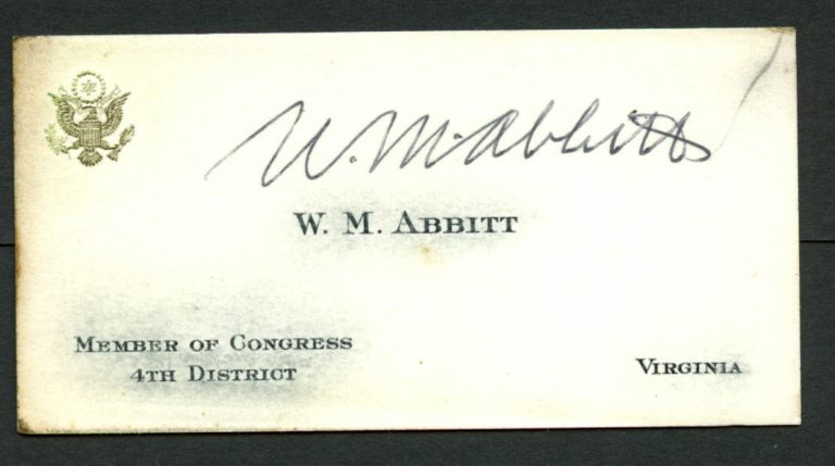 W. M. Abbitt (d. 1998) signed autograph Member of Congress Business Card BC531