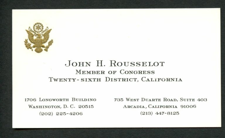John Rousselot (d. 2003) signed autograph Member of Congress Business Card BC559