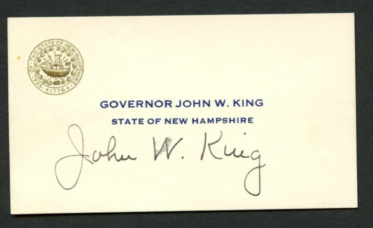 John W. King d. 1996 signed autograph Governor New Hampshire Business Card BC509