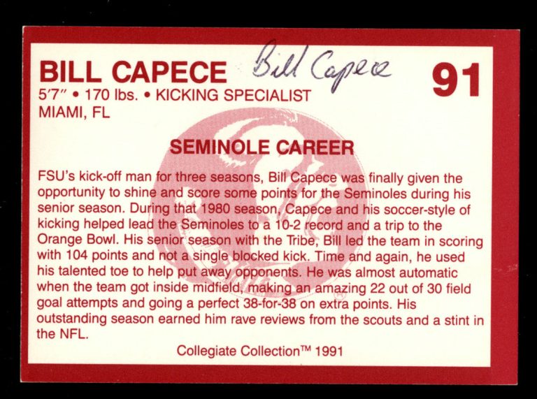 Bill Capece #91 signed autograph 1991 Florida State Collegiate Collection Card