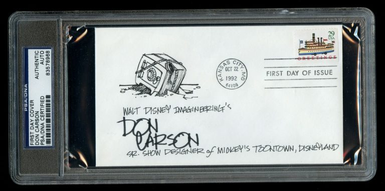 Don Carson signed original sketch FDC Walt Disney Imagineer Show Designer PSA