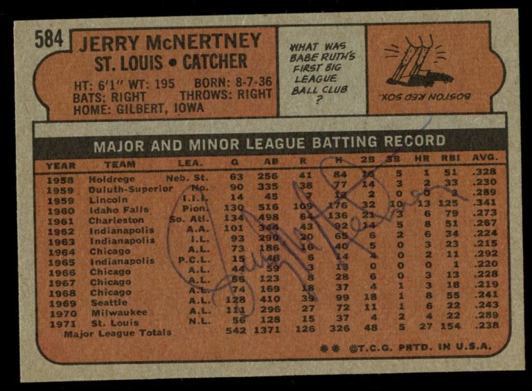 Jerry McNertney #584 signed autograph auto 1972 Topps Baseball Trading Card