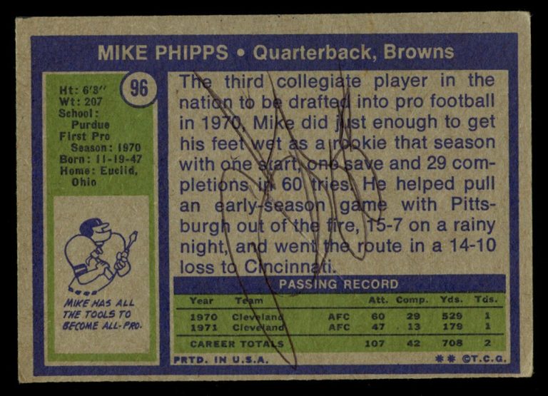 Mike Phipps #96 signed autograph auto 1972 Topps Football Trading Card