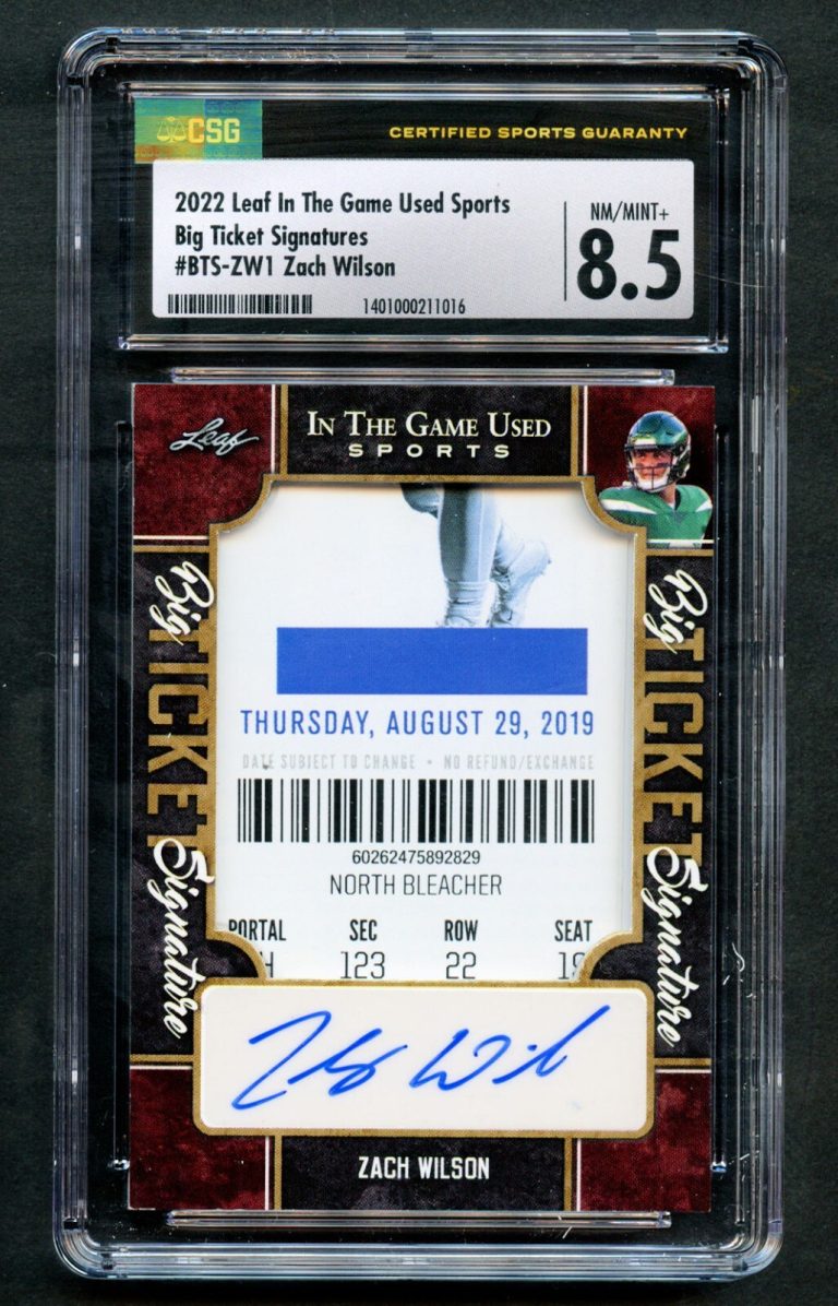 Zach Wilson 2022 Leaf In The Game Used Big Ticket Signatures CSG 8.5 Auto 10