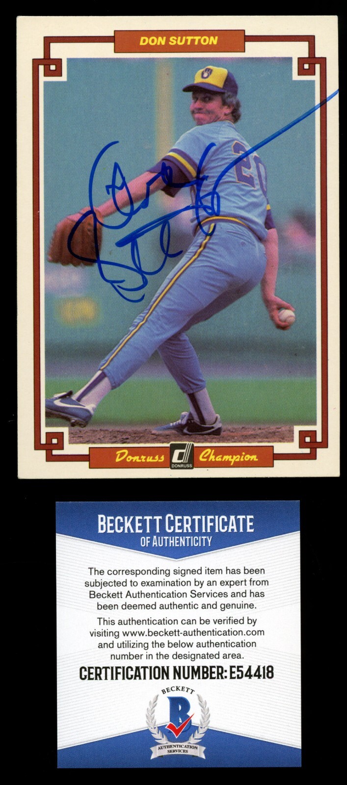 Don Sutton signed autograph auto 1984 Donruss Champion Card BC Beckett Cert BAS