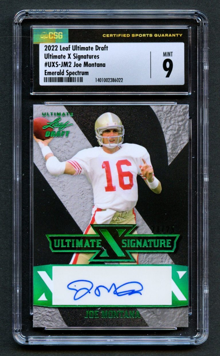 Joe Montana 2022 Leaf Ultimate Draft X Signatures Emerald Spectrum CSG 9 Auto 9