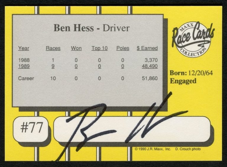 Ben Hess #77 signed autograph auto 1990 Maxx NASCAR Racing Trading Card