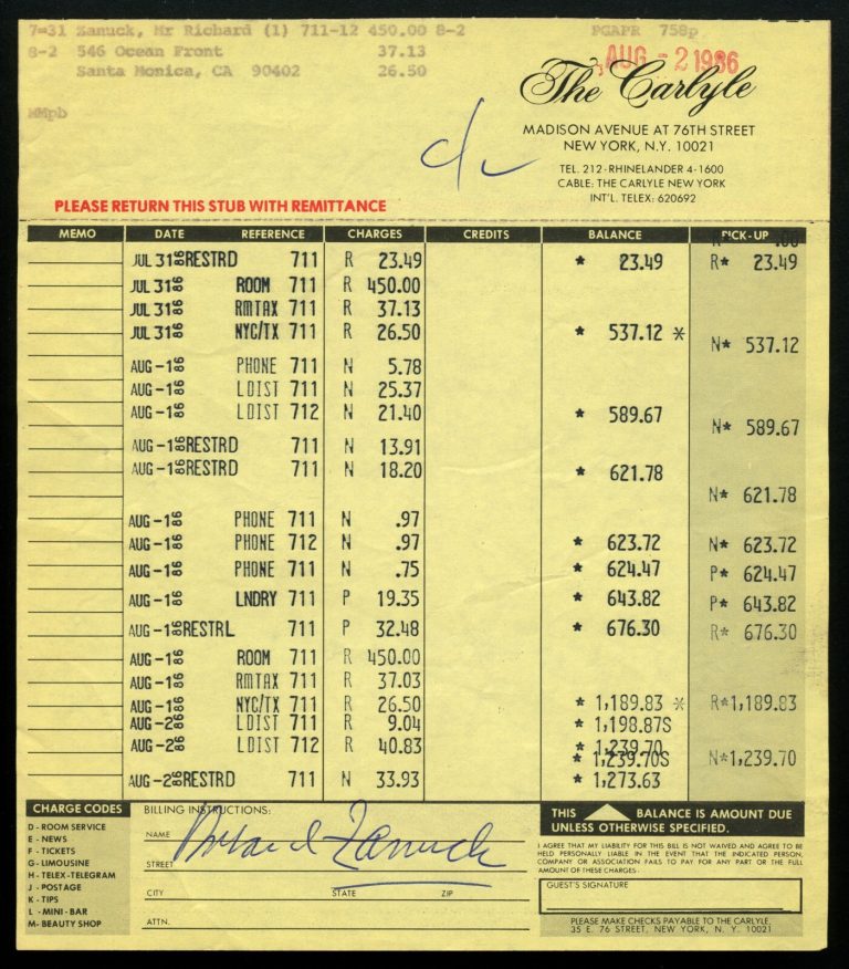 Richard Zanuck d2012 signed autograph The Carlyle Hotel New York Folio Receipt