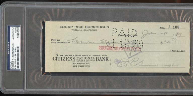 Edgar R. Burroughs signed autograph auto Bank Check Writer Tarzan PSA Slabbed