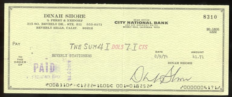 Dinah Shore d1994 signed check auto American Singer and Actress