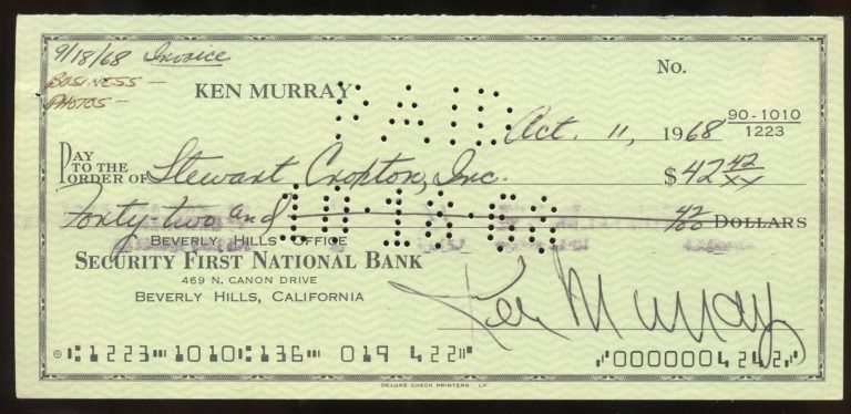Ken Murray d1988 signed check auto American Actor and Comedian