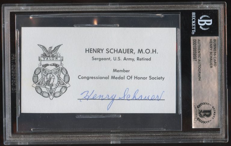 Henry Schauer d1997 signed autograph Army WWII MOH Business Card BAS Slabbed