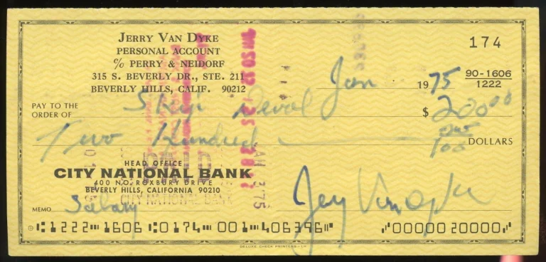Jerry Van Dyke d2018 signed check autograph auto American Actor & Comedian