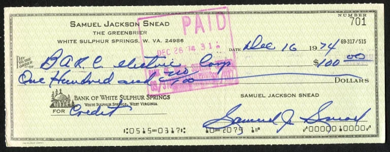 Samuel Jackson Snead signed autograph Check Golf Legend Hall of Fame