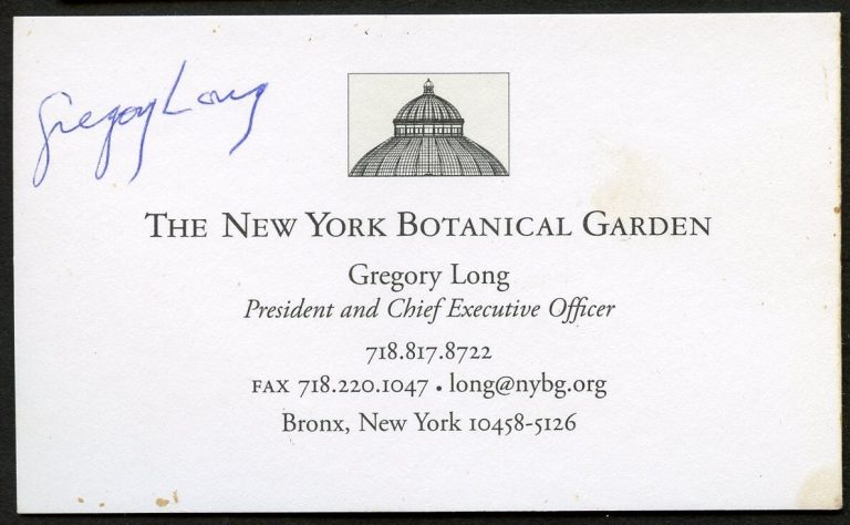 Gregory Long signed autograph President NY Botanical Garden Business Card BC063