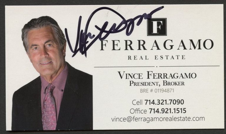 Vince Ferragamo signed auto President Real Estate Agency Business Card BC028