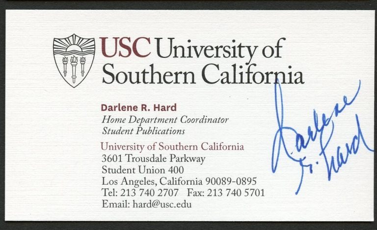 Darlene R Hard signed autograph Home Dept. Coordinator USC Business Card BC450