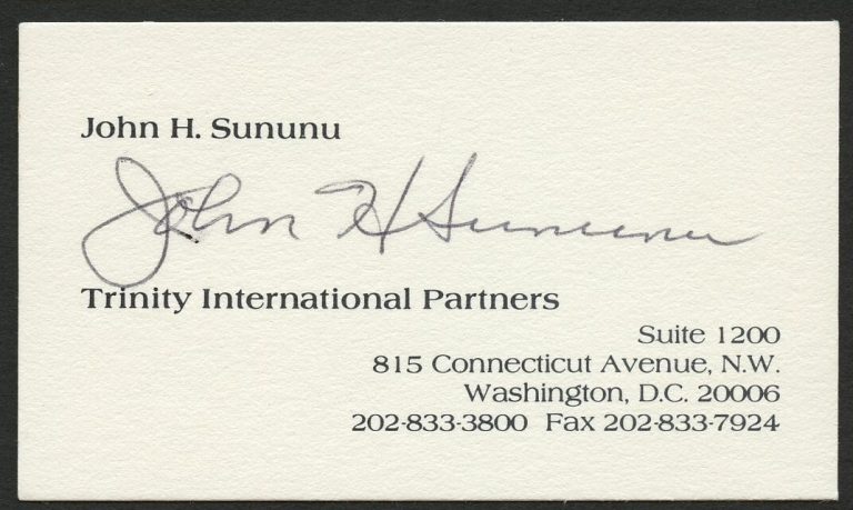 John H Sununu signed autograph Trinity International Partner Business Card BC432