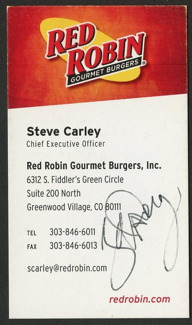 Steve Carley signed auto Chief Executive Officer Red Robin Business Card BC146