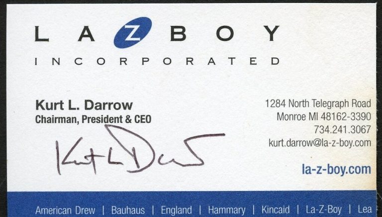 Kurt L Darrow signed autograph CEO Lazboy Incorporated Business Card BC087