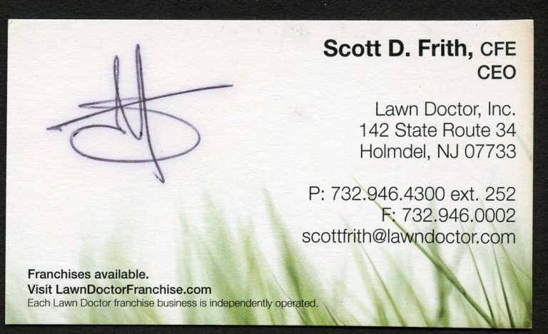 Scott D Frith signed autograph CEO Lawn Doctor Inc. Business Card BC083
