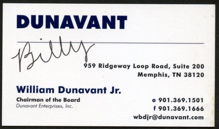 William Dunavant Jr. signed autograph Chairman Dunavant Ent. Business Card BC086