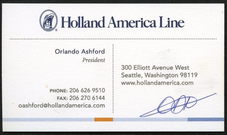 Orlando Ashford signed auto President Holland America Line Business Card BC103