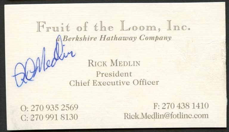 Rick Medlin signed autograph CEO Fruit of The Loom Inc. Business Card BC483