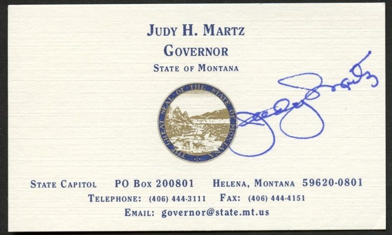 Judy H Martz signed autograph Governor Montana State Business Card BC541