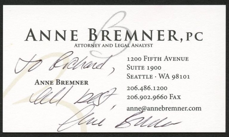 Anne Bremner signed autograph Attorney & Legal Analyst Business Card BC535