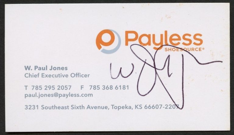 Paul W. Jones signed auto Executive Officer Payless Shoes Business Card BC070