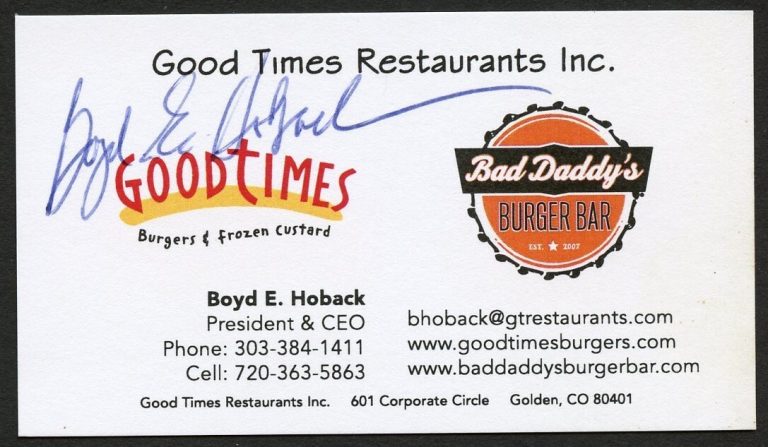 Boyd E. Hoback signed autograph CEO Good Times Restaurants Business Card BC072