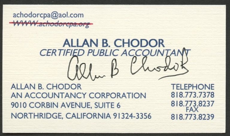 Allan B Chodor signed autograph Certified Public Accountant Business Card BC619