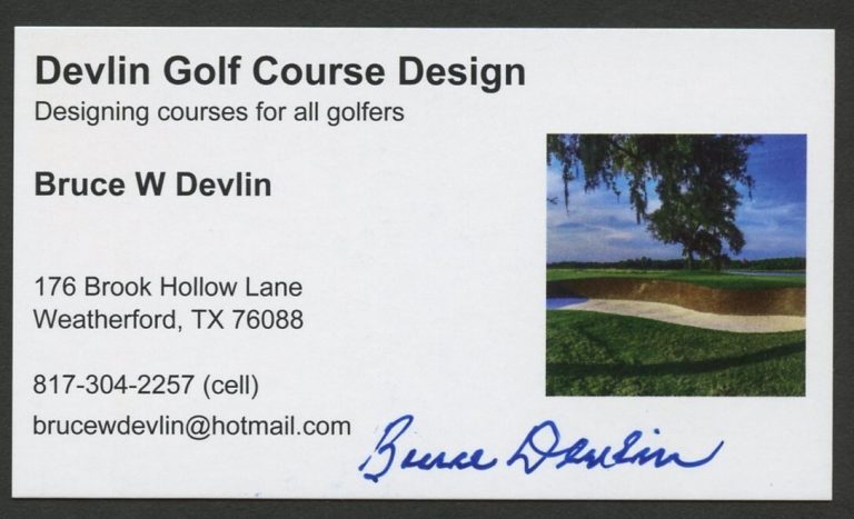 Bruce W Devlin signed autograph Devlin Golf Course Desigh Business Card BC620