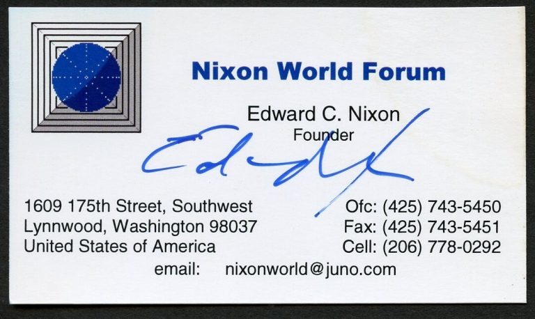 Edward C Nixon signed autograph Founder Nixon World Forum Business Card BC732