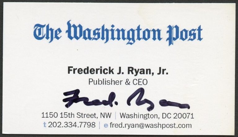 Frederick J Ryan Jr. signed autograph CEO Washington Post Business Card BC830