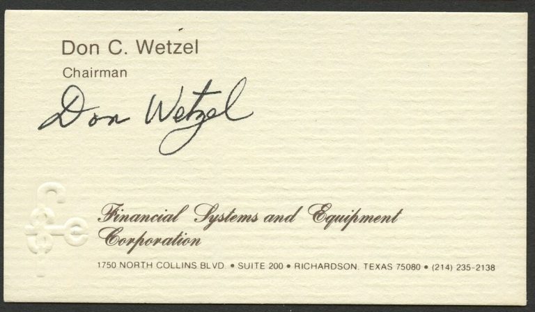 Don C Wetzel signed auto Chairman Fin Systems Corporation Business Card BC832