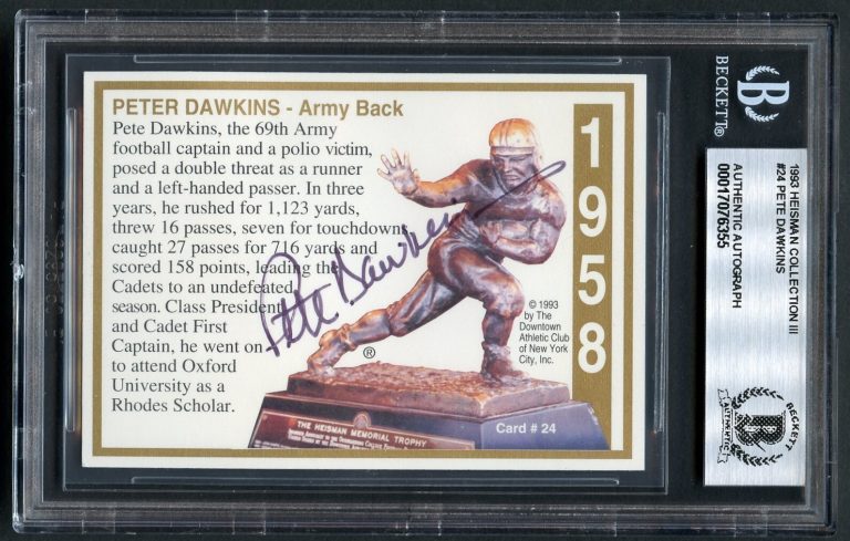 Peter Dawkins #24 signed autograph 1993 Heisman Collection III Card BAS Slabbed