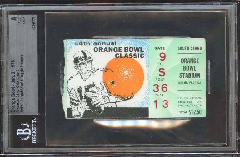 Orange Bowl Arkansas vs Oklahoma January 2, 1978 Game Ticket Grade A BAS Slabbed
