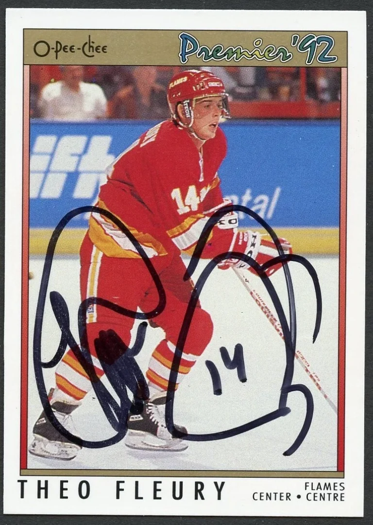 Theo Fleury #92 signed autograph auto 1992 O-Pee-Chee Premier Hockey Card