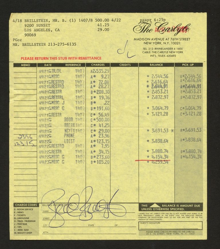 Bernie Brillstein signed autograph auto The Carlyle Hotel New York Folio Receipt