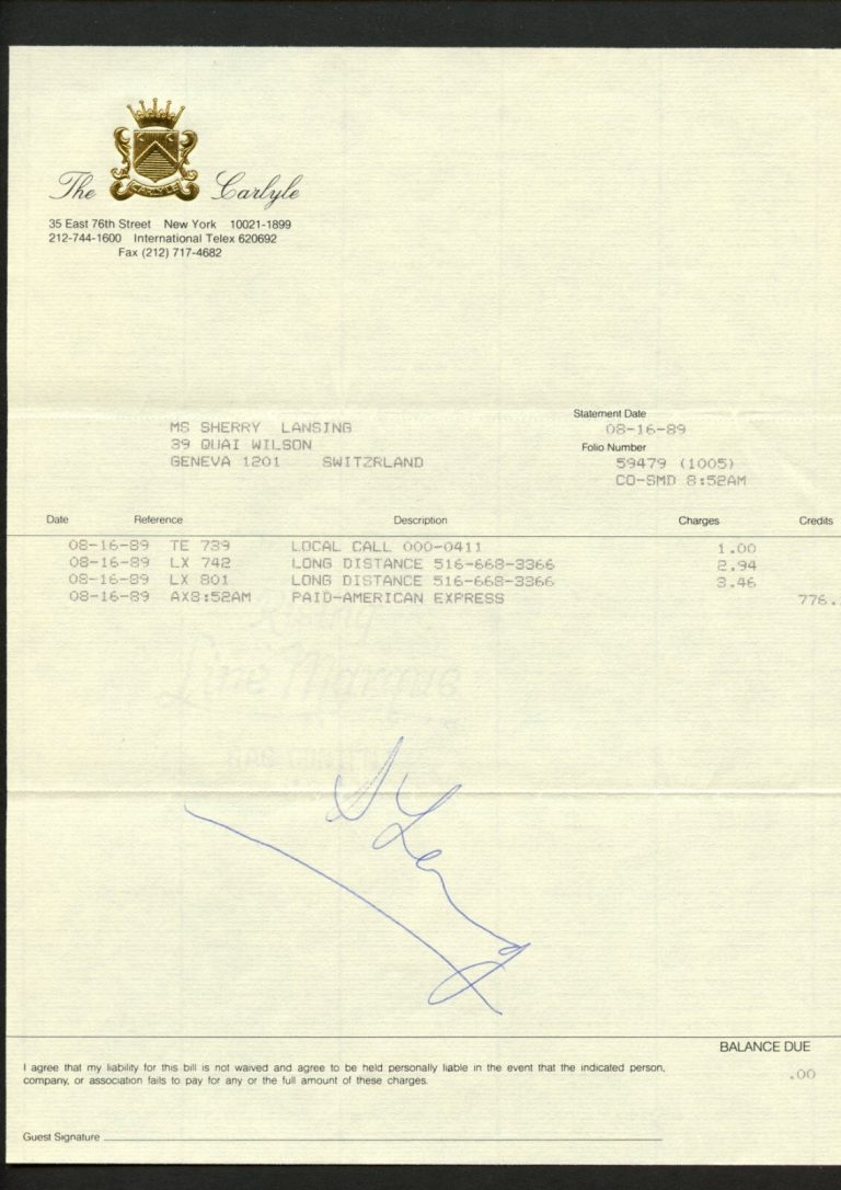 Sherry Lansing signed autograph The Carlyle Hotel Statement