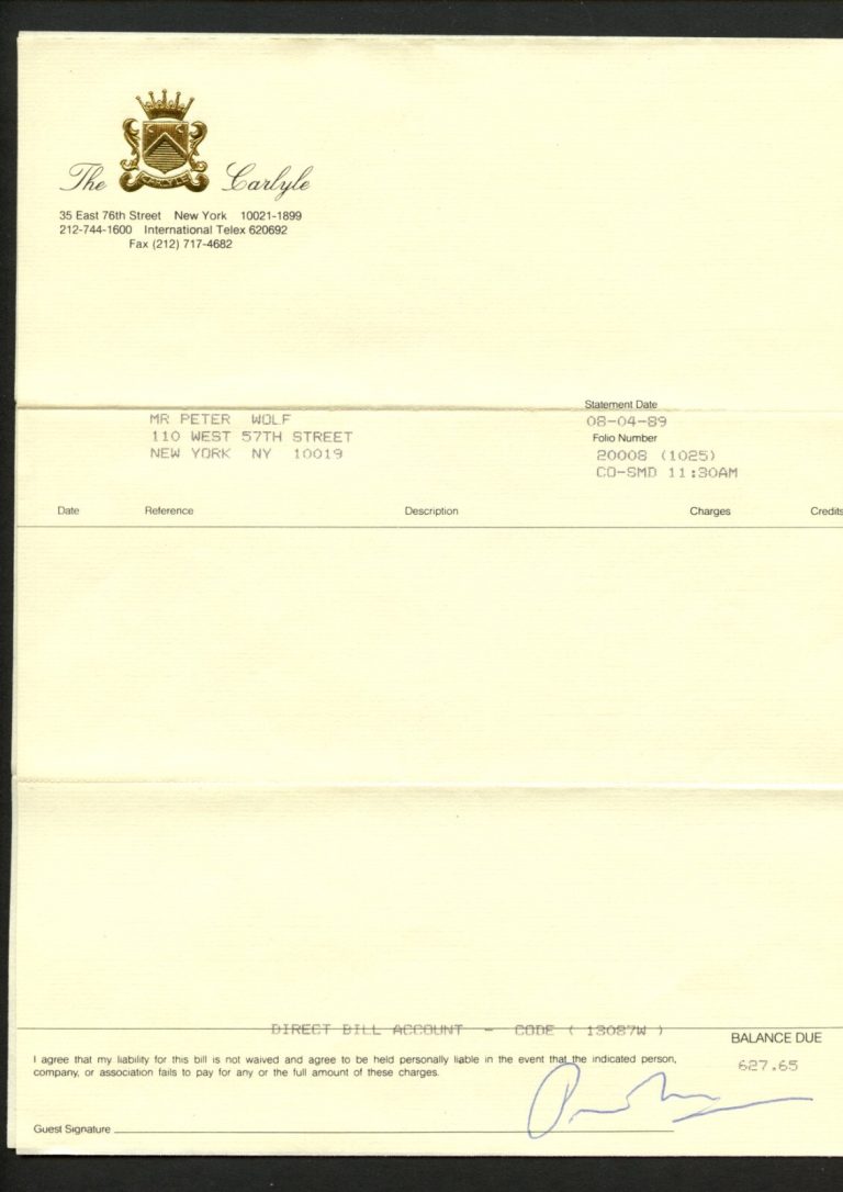 Peter Wolf signed autograph The Carlyle Hotel Statement J Girls Band