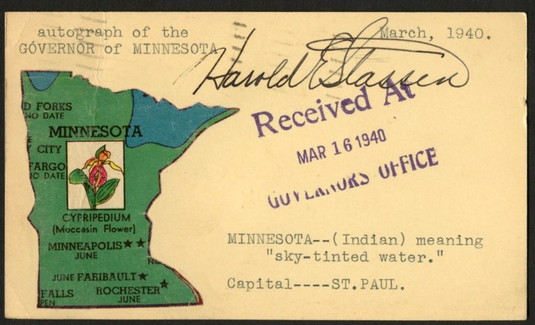 Harold Edward Stassen d2001 signed autograph Governor of Minnesota Post Card